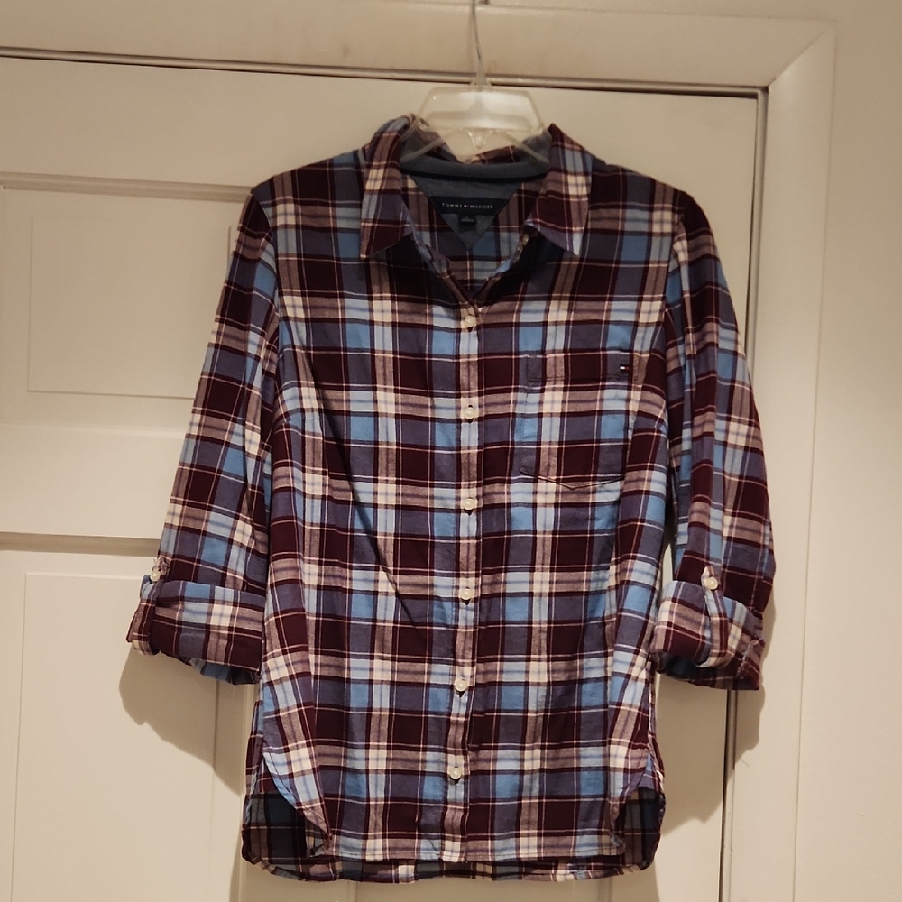 Tommy Hilfiger Plaid Button-Down Shirt in Light Blue & Burgundy Women's M